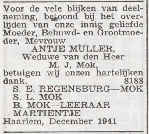 Dankbetuiging van de familie Mok