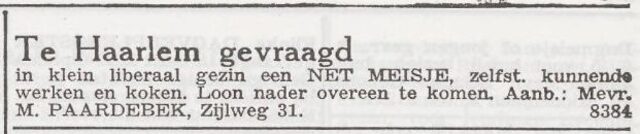 Advertentie 'personeel gevraagd' van Maria Paardebek-Peper