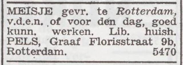 Advertentie 'personeel gevraagd' van het gezin Maurits Pels