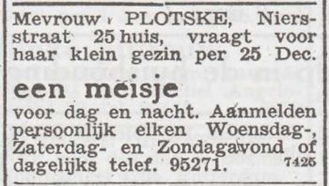 Advertentie 'personeel gevraagd' van het gezin Plotske