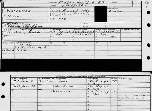 Archiefkaart Mina Wafelman 12-3-1869