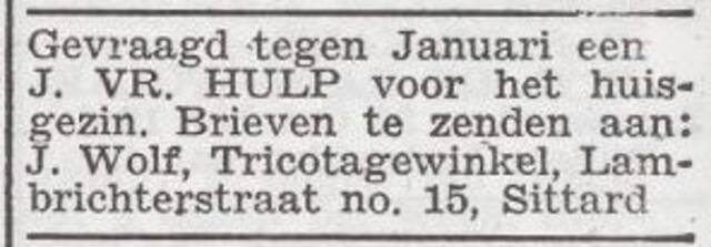 Advertentie 'personeel gevraagd' van het gezin Herman Wolf