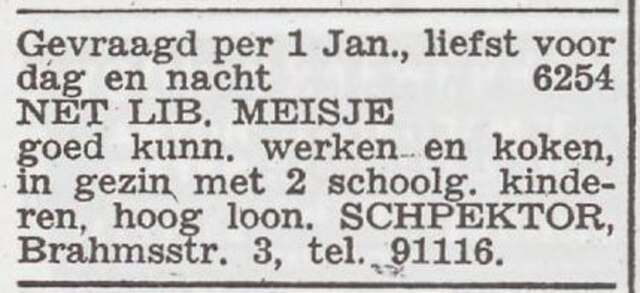 Advertentie 'personeel gevraagd' van het gezin Schpektor