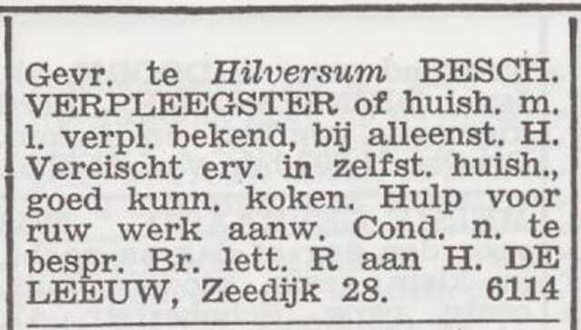 Advertentie 'personeel gevraagd' via Hyman de Leeuw