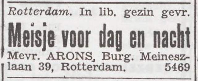Advertentie 'personeel gevraagd' van het gezin Samuel Arons
