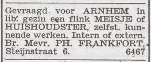 Advertentie 'personeel gevraagd' van het gezin Frankfort