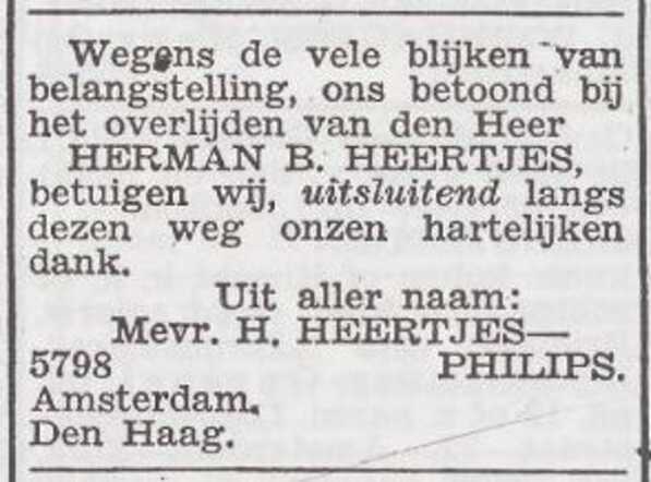 Dankbetuiging van het gezin Heertjes