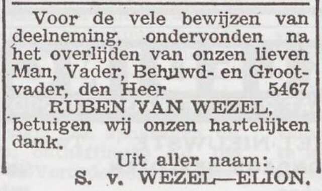 Dankbetuiging van het gezin van Wezel