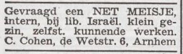 Advertentie 'personeel gevraagd' van het gezin Casper Cohen