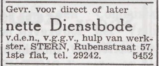 Advertentie 'personeel gevraagd' van het gezin Emanuel Stern