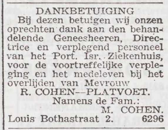 Dankbetuiging van de familie Maurits Cohen