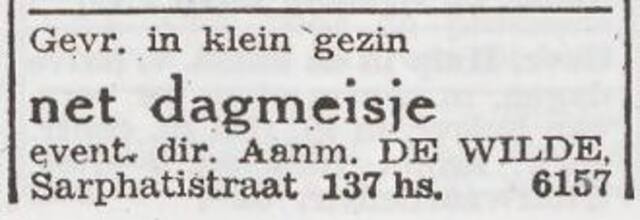 Advertentie 'personeel gevraagd' van het gezin Jacques de Wilde
