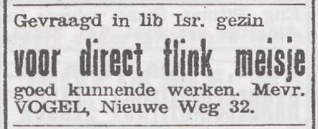 Advertentie 'personeel gevraagd' van het gezin Samuel Vogel