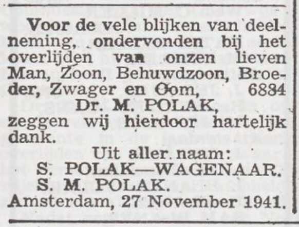 Dankbetuiging van de familie Polak