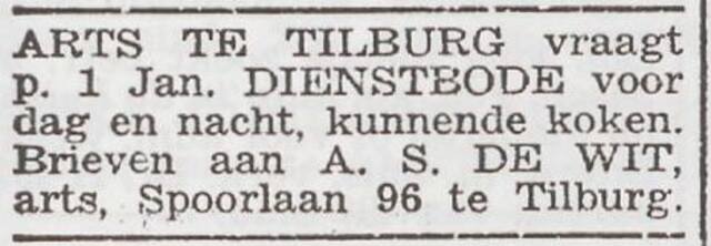 Advertentie 'personeel gevraagd' van dr. Alfred S. de Wit