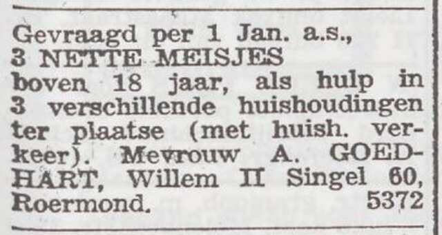 Advertentie 'personeel gevraagd' van mw. Goedhart