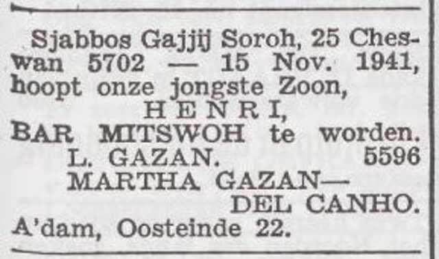 Aankondiging van de bar mitswa van Henri Gazan
