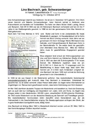 Herdenkingsblad bij de legging van de Stolperstein voor Lina Bachrach-Schwarzenberger, 14 oktober 2014