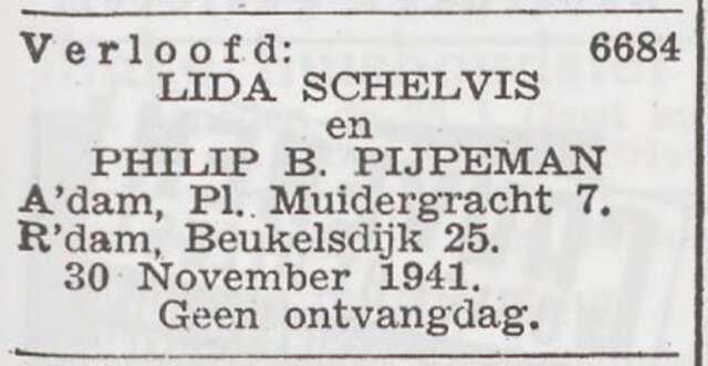 Aankondiging van de verloving van Philip Pijpeman en Alida Schelvis
