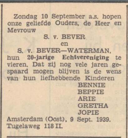 Bever Waterman 20 jarige echtviering