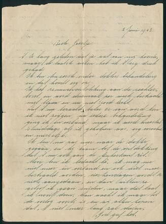 Eerste pagina van een brief van Willy Deborah Bierman vanuit Westerbork aan haar vriendin Geertje Gillebaard, 1943
