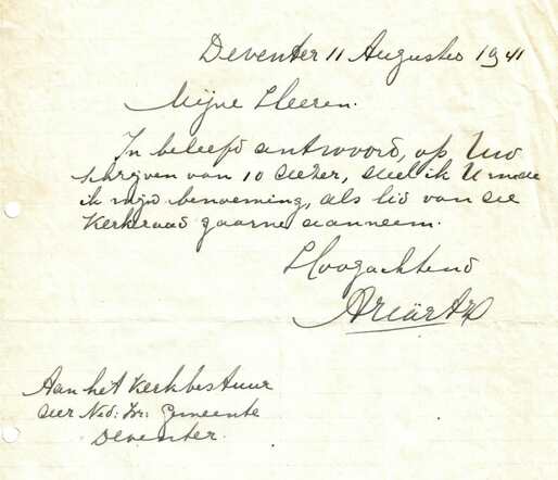 Brief Alex Härtz 11-8-1941 dat hij benoeming als kerkeraadslid aanneemt.