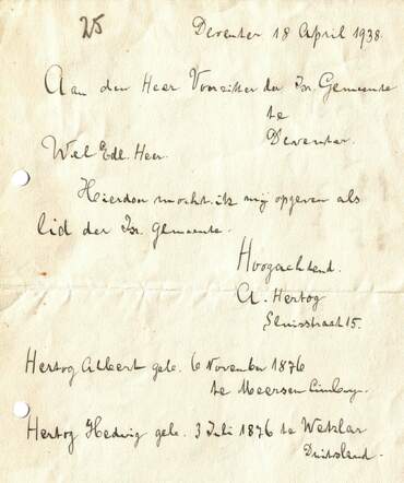 Brf Albert Hertog 18-4-1938 aan kerkbestuur om lid te worden