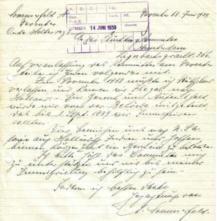 Brief A.Sommerfeld 13-6-1939 aan vluchtelingencomité Amsterdam