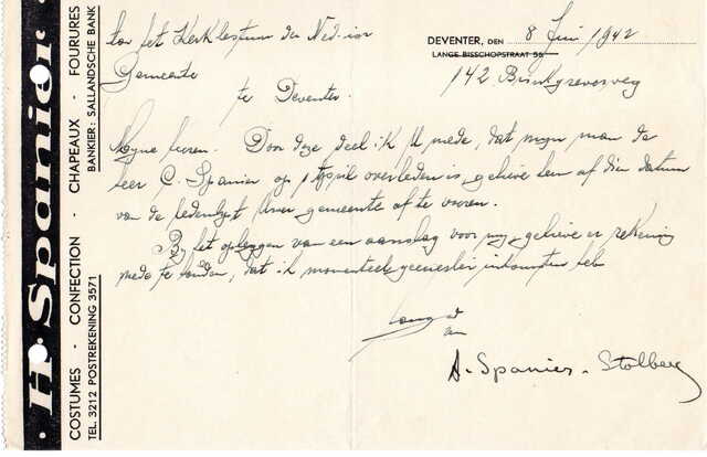 Brief Wed. Spanier aan kerkbestuur 8-6-1942