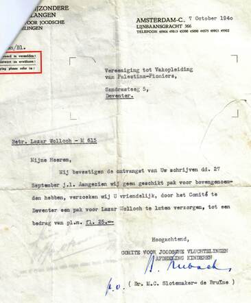 Brief over Lazar Wolloch 7-10-1940