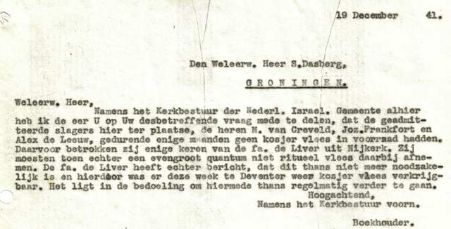 Brief kerkbestuur over oa. kosjere slager Joz. Frankfort 19-12-1941