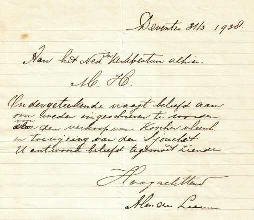 Brief Alex de Leeuw aan kerkbestuur 31-3-1938