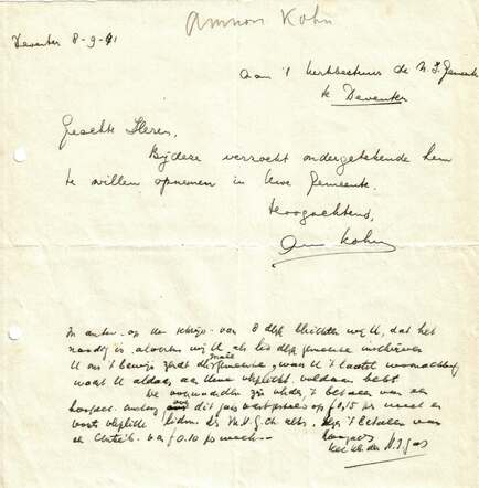 Brief Amnon Kohn aan kerkbestuur 8-9-1941