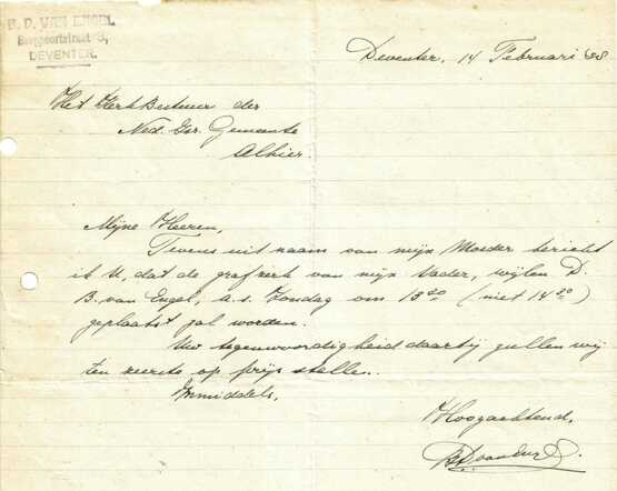 Brief Benjamin Daniel van Engel 14-2-1938 aan kerkbestuur over plaatsing grafzerk vader.