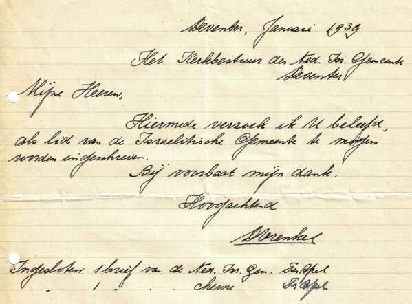 Brief D.Vrenkel januari 1939 aan kerkbestuur