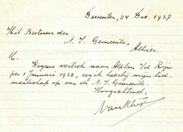 Brief E.van Rhijn aan kerkbestuur Deventer over verhuizing 24-12-1937