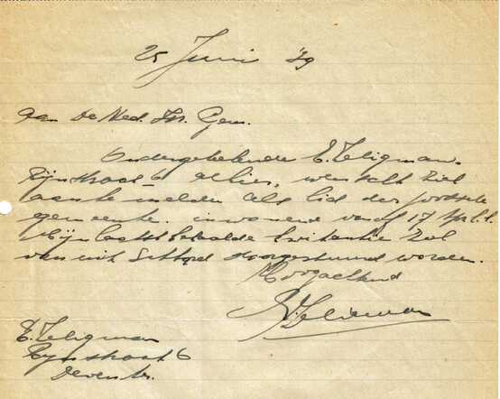 Brief E.Zeligman aan kerkbestuur 25-6-1939