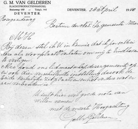 Brf G.M.van Gelderen aan kerkbestuur 28-4-1940