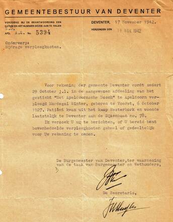Brief Gemeente over Mordechai Winter 17-11-1942