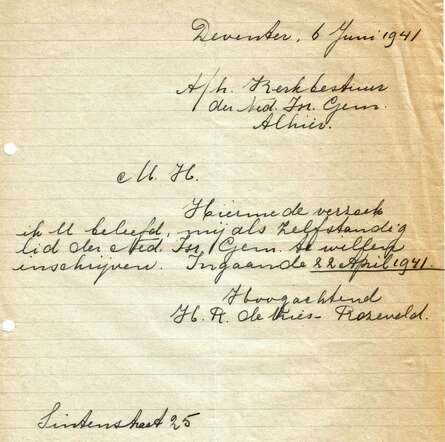Brief H.deVries-Rozeveld 6-6-1941 verzoek zelfstandig lidmaatschap