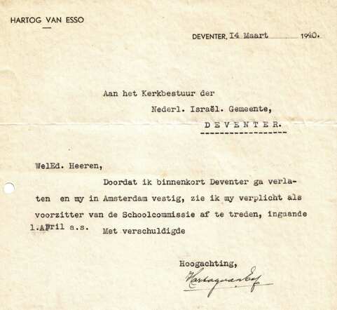 Brief Hartog van Esso aan kerkbestuur 14-3-1940 melding verhuizing