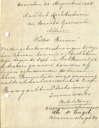 Brief Henri de Lange en Theodora van Engel aan kerkbestuur 20-8-1938 over hun huwelijk