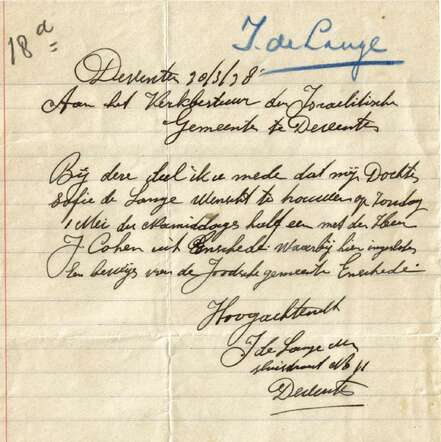 Brief Izak de Lange 30-3-1938 aan kerkbestuur