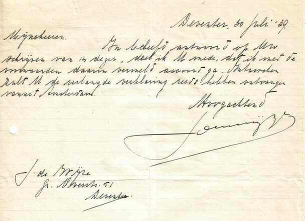 Brief Josephus de Wijze aan kerkbestuur 30-7-1939