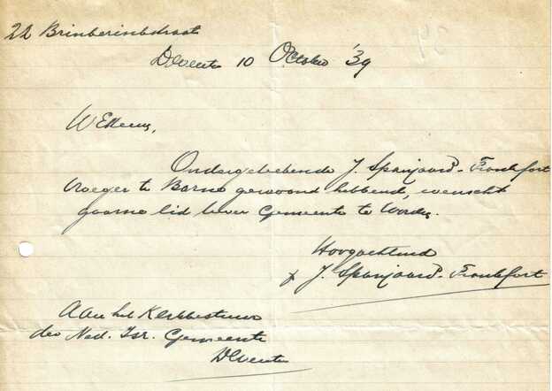 Brief J.Spanjaard-Frankfort 10-10-1939 verzoek om lid te worden