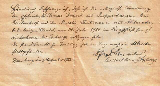 Brief rabbijn Jozeph Cohn 1933 over echtpaar Frank-Lautman