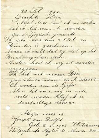 Brief Joseph van Delft aan kerkbestuur 20-2-41 over lidmaatschap
