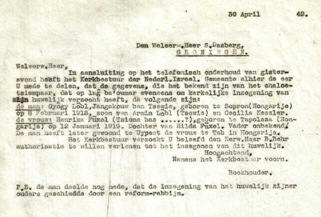 Brief kerkbestuur over huwelijk Löbl 30-4-1942