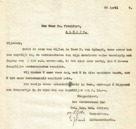 Brf kerkbestuur aan Em. Frankfort 28-4-1939