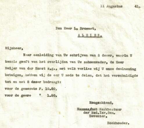 Brf kerkbestuur aan L.Brommet 11-8-41 over overlijden schoonvader Meijer vdHorst
